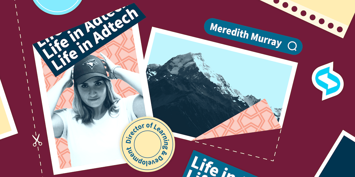 maroon background with overlayed image of a woman and text reading Life in Adtech