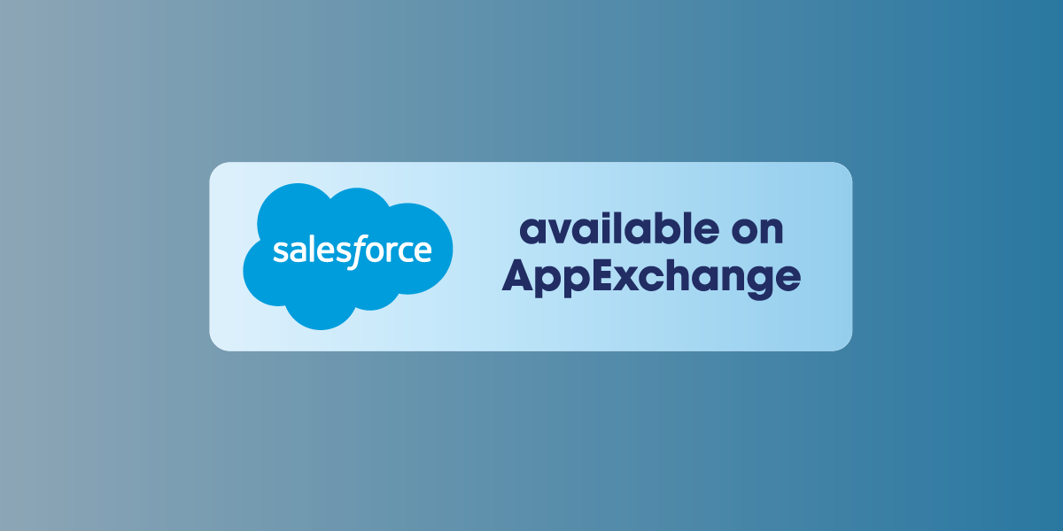 Salesforce logo with text that says "available on AppExchange" on a light blue background