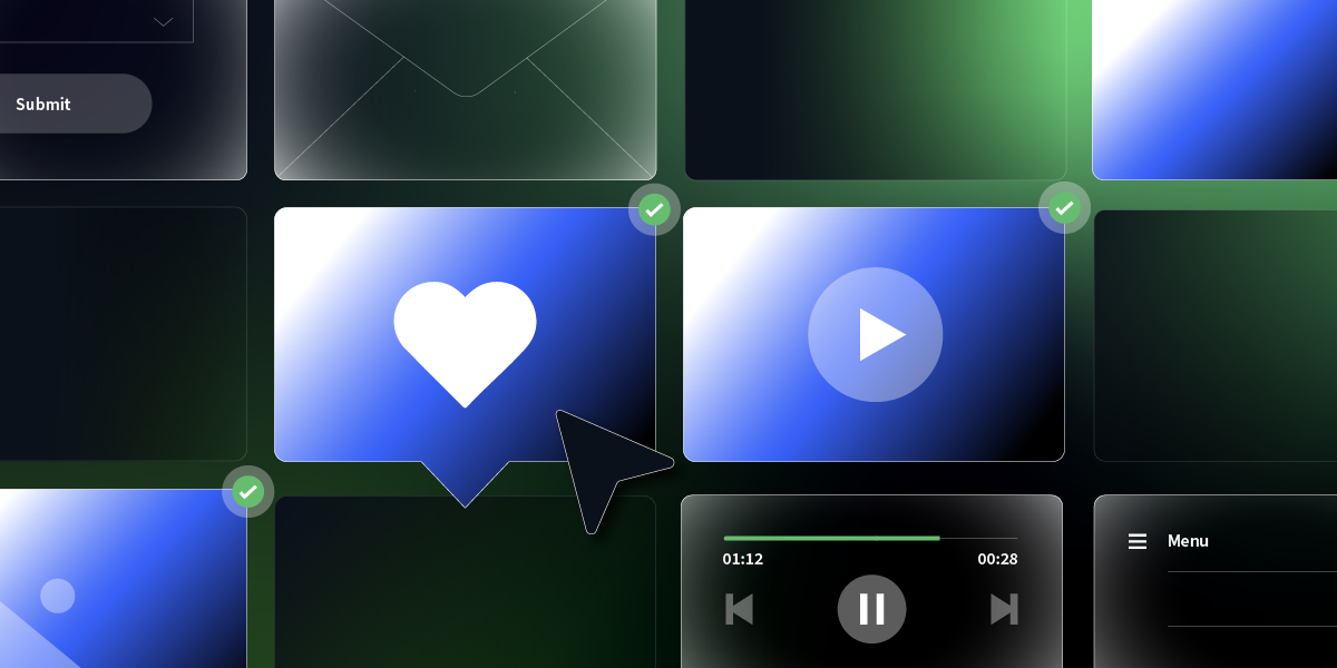 Abstract interface showing content tiles with heart and play icons, symbolizing digital engagement and automation in programmatic advertising.