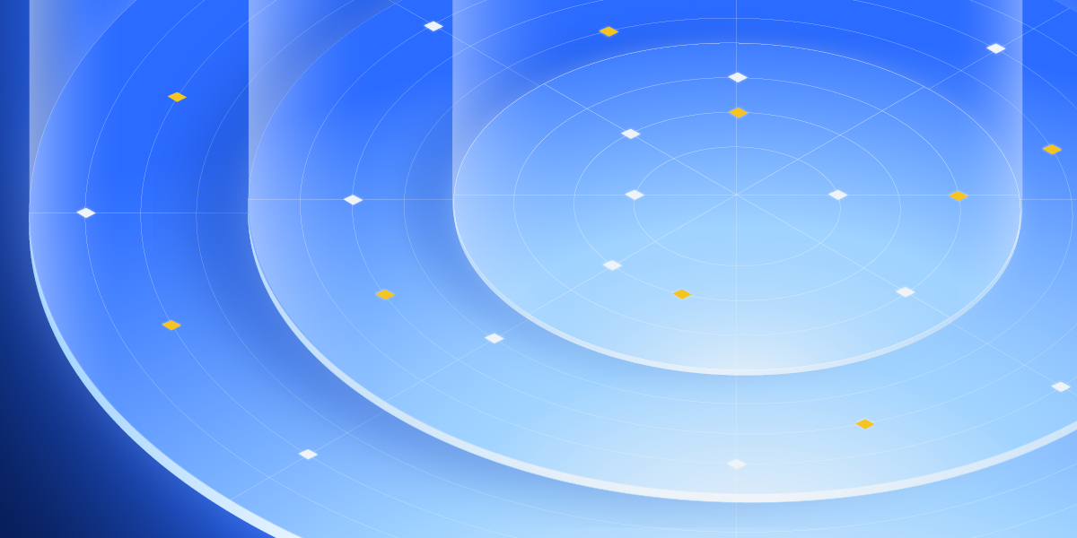 Abstract blue background with concentric circular patterns, grid lines, and small yellow and white diamond shapes scattered across the design.