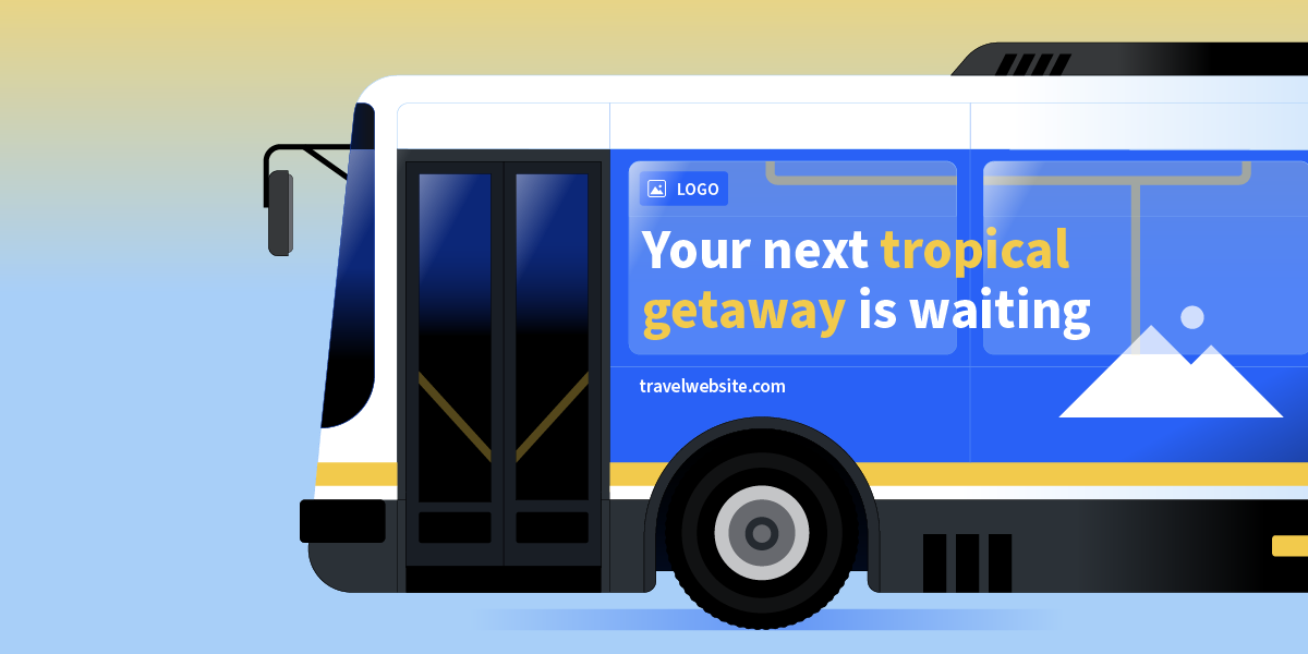 Illustration of a bus featuring an out-of-home ad for a tropical getaway