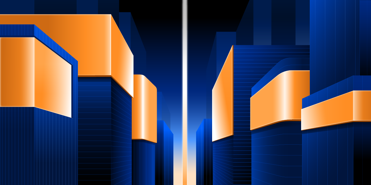 Abstract cityscape with glowing digital panels symbolizing the technology-driven future of out-of-home advertising.