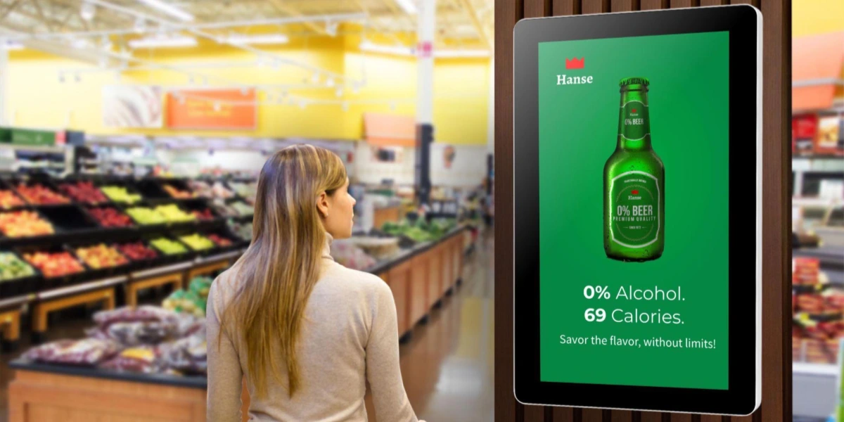 Shopper viewing a digital screen in a grocery store displaying an ad for non-alcoholic beer.