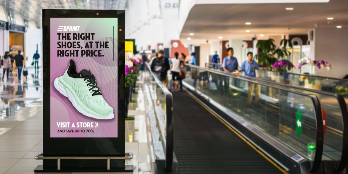 Digital screen in an airport walkway displaying an ad for running shoes.