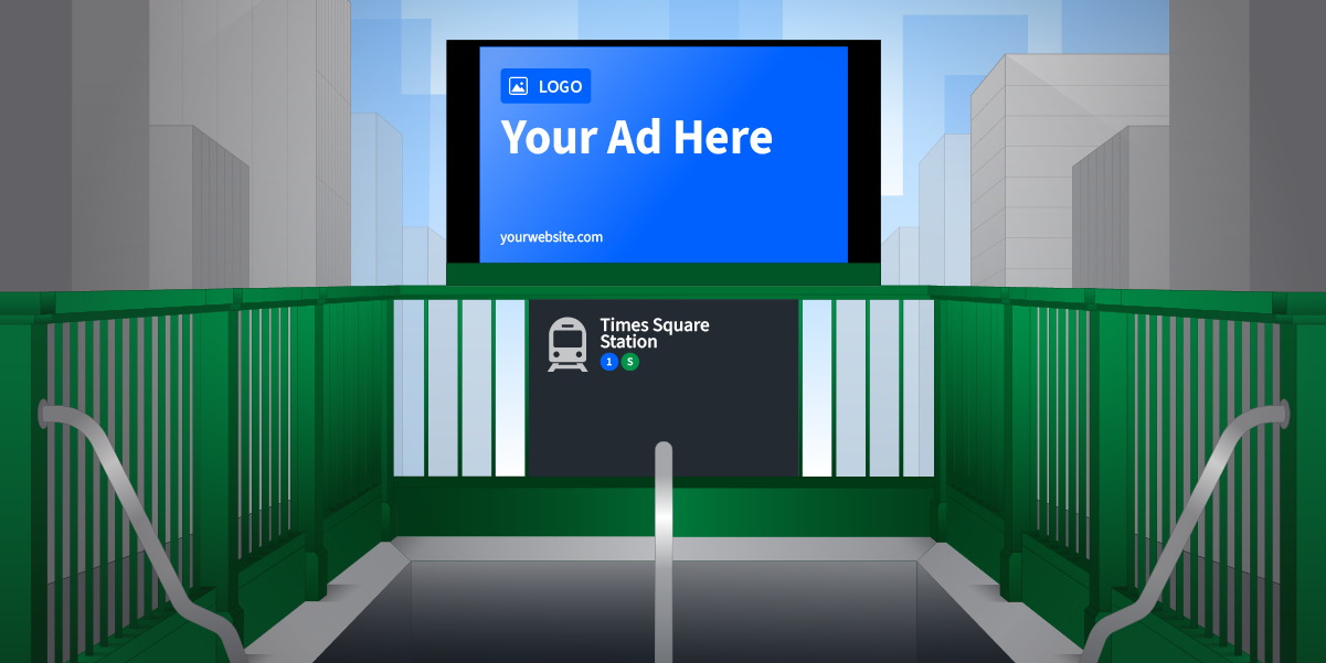 Illustration of a city subway entrance with a digital billboard above, representing the most effective DOOH advertising strategies.