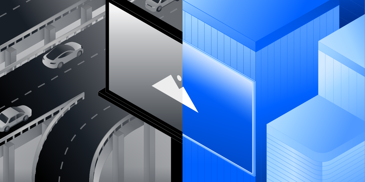 Illustration showing the evolution of out-of-home advertising: the left half depicts a grayscale traditional highway billboard above passing cars, while the right half shows a bright blue digital screen on a modern city building—symbolizing the shift from static OOH to dynamic digital out-of-home (DOOH) advertising.