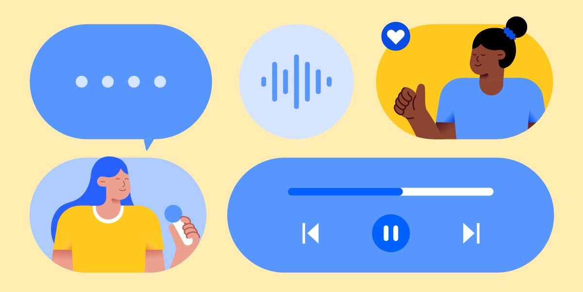Illustration of podcast hosts, podcast player, speech bubble, and audio wav form