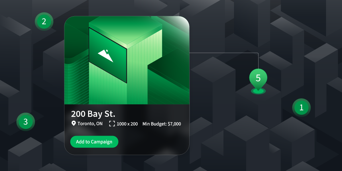 Abstract interface showing a digital billboard location and campaign details, representing how programmatic DOOH automates screen selection and targeting.