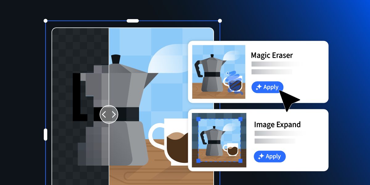 Illustration of AI-powered image editing tools being applied to a product photo, representing AI in advertising workflows.