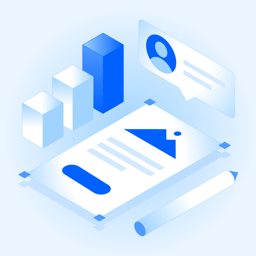 A 3D, isometric image that includes a bar chart, a pencil, a page with a bounding box that has images, and a window with a person icon.