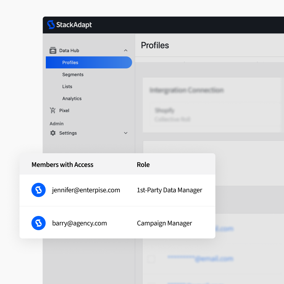 A view of StackAdapt Data Hub within the StackAdapt platform, highlighting data access permission settings and options for StackAdapt users.