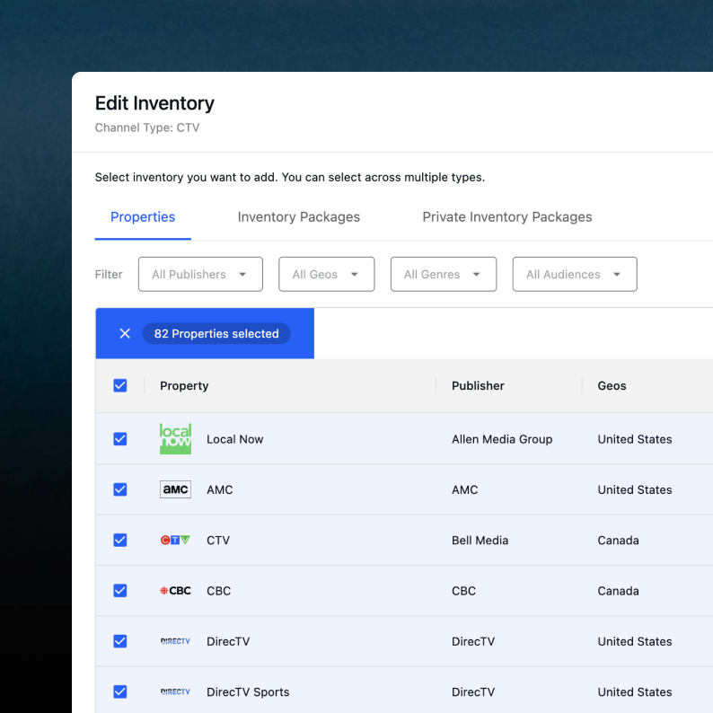 Example of user selecting Inventory for a CTV campaign.