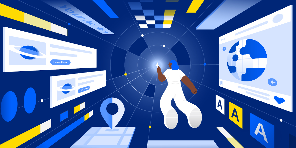 Illustration of a marketer navigating digital ad placements and data dashboards, representing media buying insights.