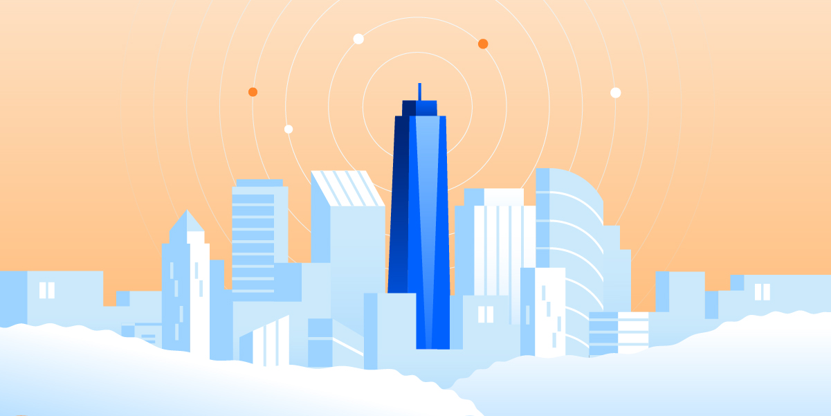 Illustration of a city skyline with data signals radiating outward, representing B2B audience targeting in urban markets.