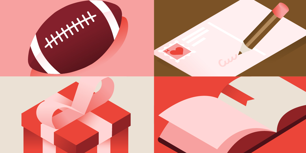 Illustration of holiday-themed items including a football, gift box, love letter, and book representing seasonal marketing campaigns.