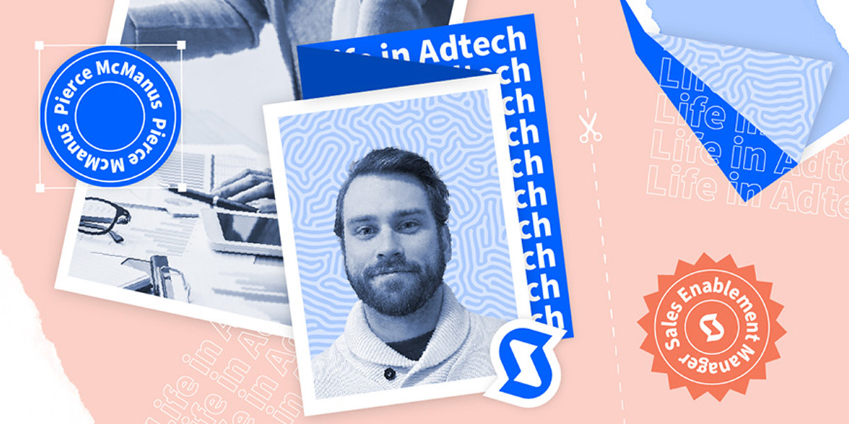 black and white image of smiling man on pink background with text reading "Life in Adtech: Pierce McManus"