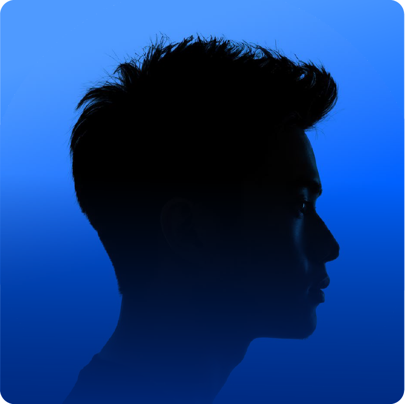 Dark blue shape of a person's head on a lighter blue background 