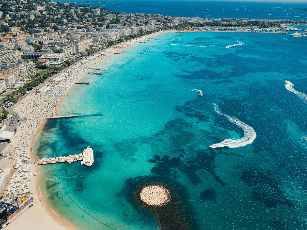Aerial view of Cannes, France coastline. 