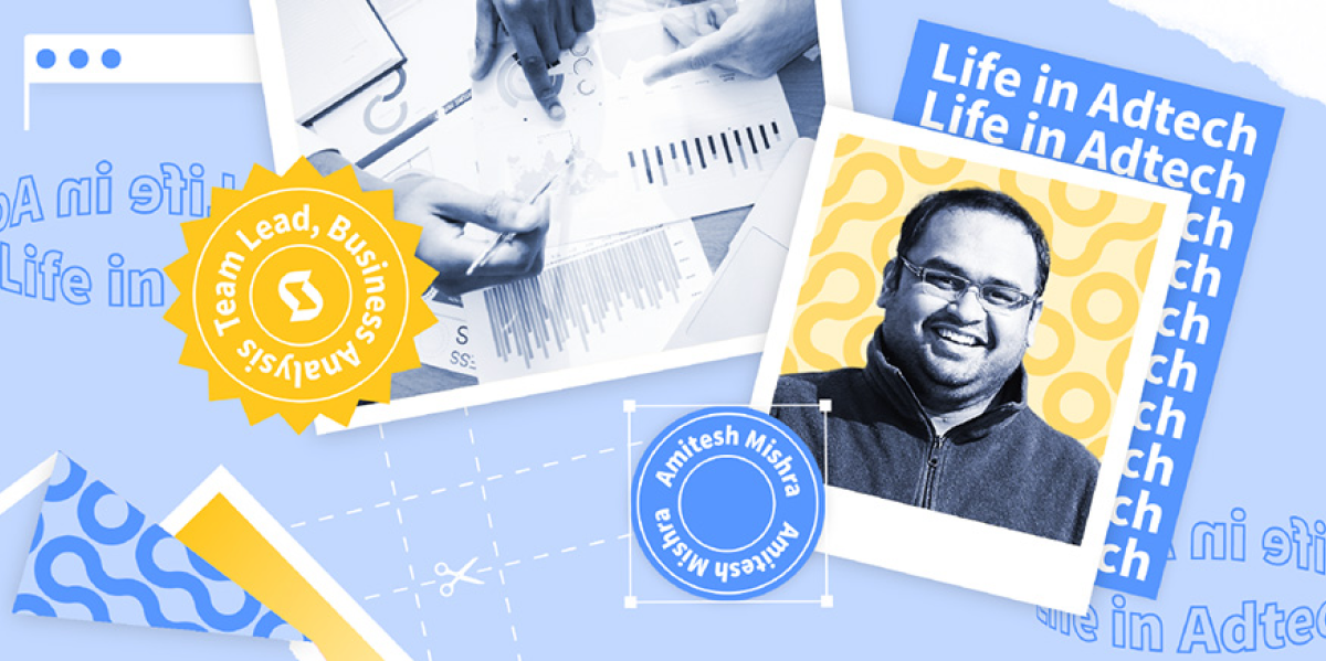 blue collage overlayed with black and white image of smiling man