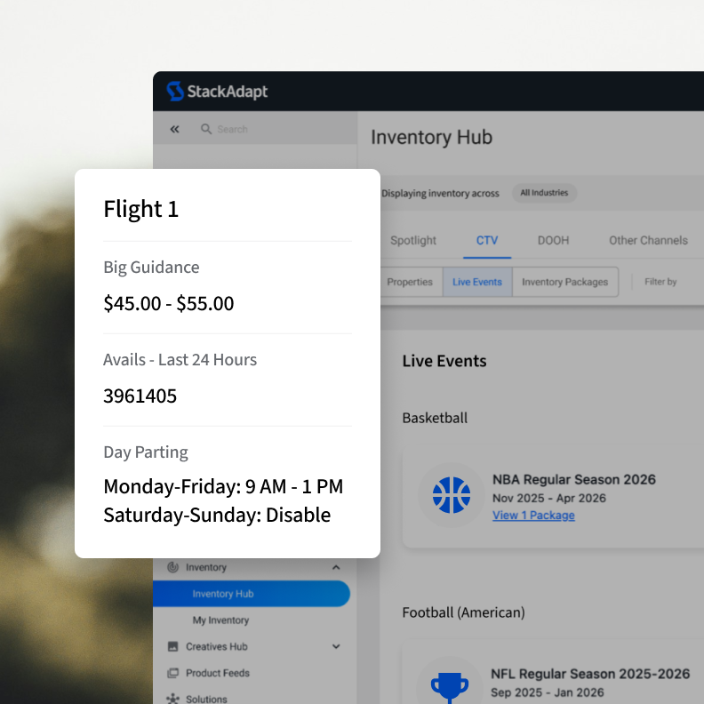 Live sports calendar view and flight details in StackAdapt