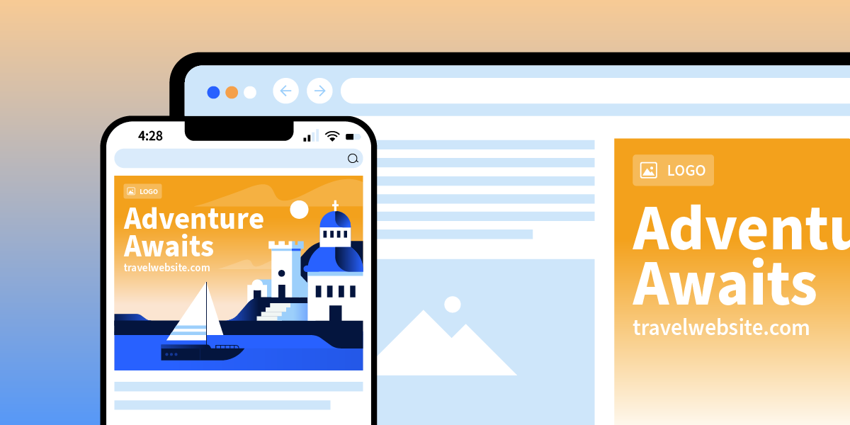 Travel display ad mockups on a smartphone and desktop screen featuring a coastal town illustration and the headline “Adventure Awaits.”