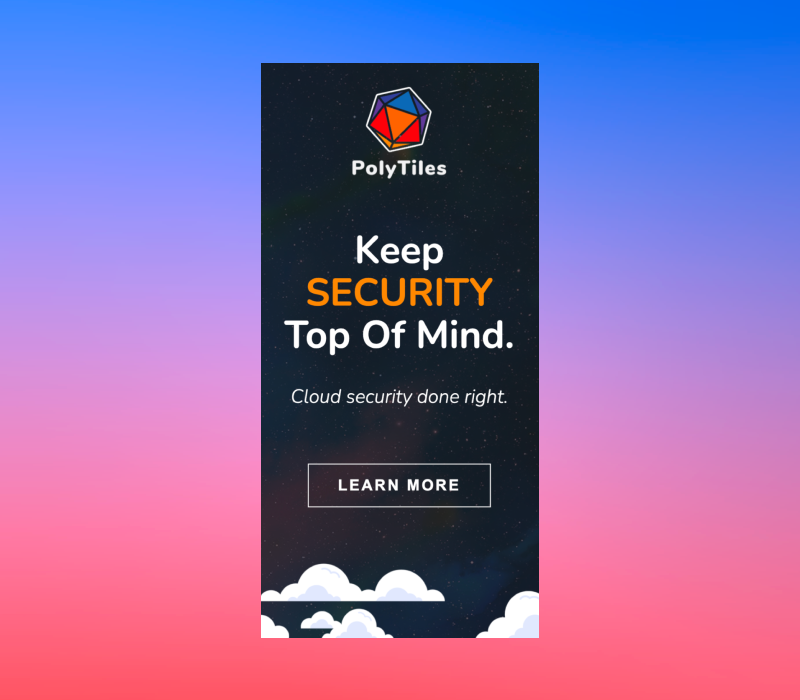 Polygon logo above headline “Keep Security Top Of Mind” on a dark starry background with a cloud security tagline and “Learn more” button.