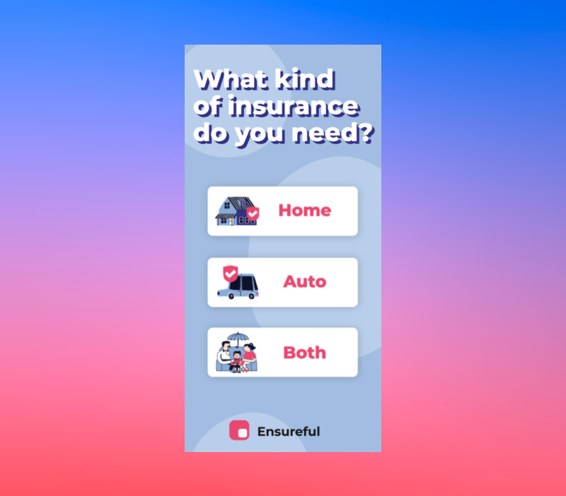 Insurance ad asking “What kind of insurance do you need?” with selectable options for Home, Auto, or Both and the Ensureful logo.