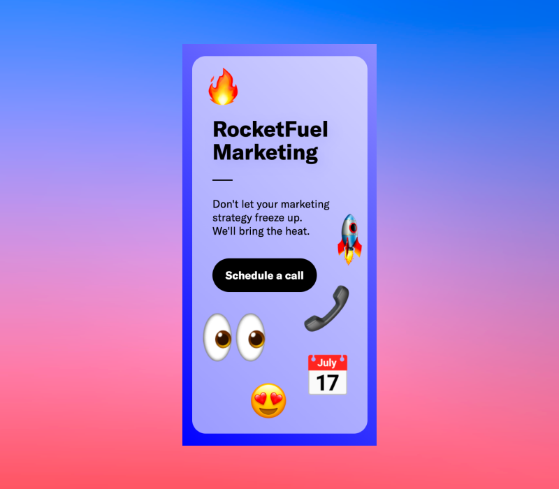 “RocketFuel Marketing” headline with flame, rocket, phone, calendar, and emoji graphics alongside a “Schedule a call” button.