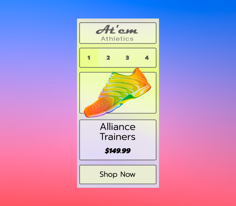 Multicolor running shoe labeled “Alliance Trainers $149.99” with size options and a “Shop now” button.
