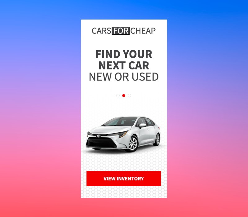 Silver sedan below headline “Find your next car new or used” with a “View inventory” button on a clean white background.