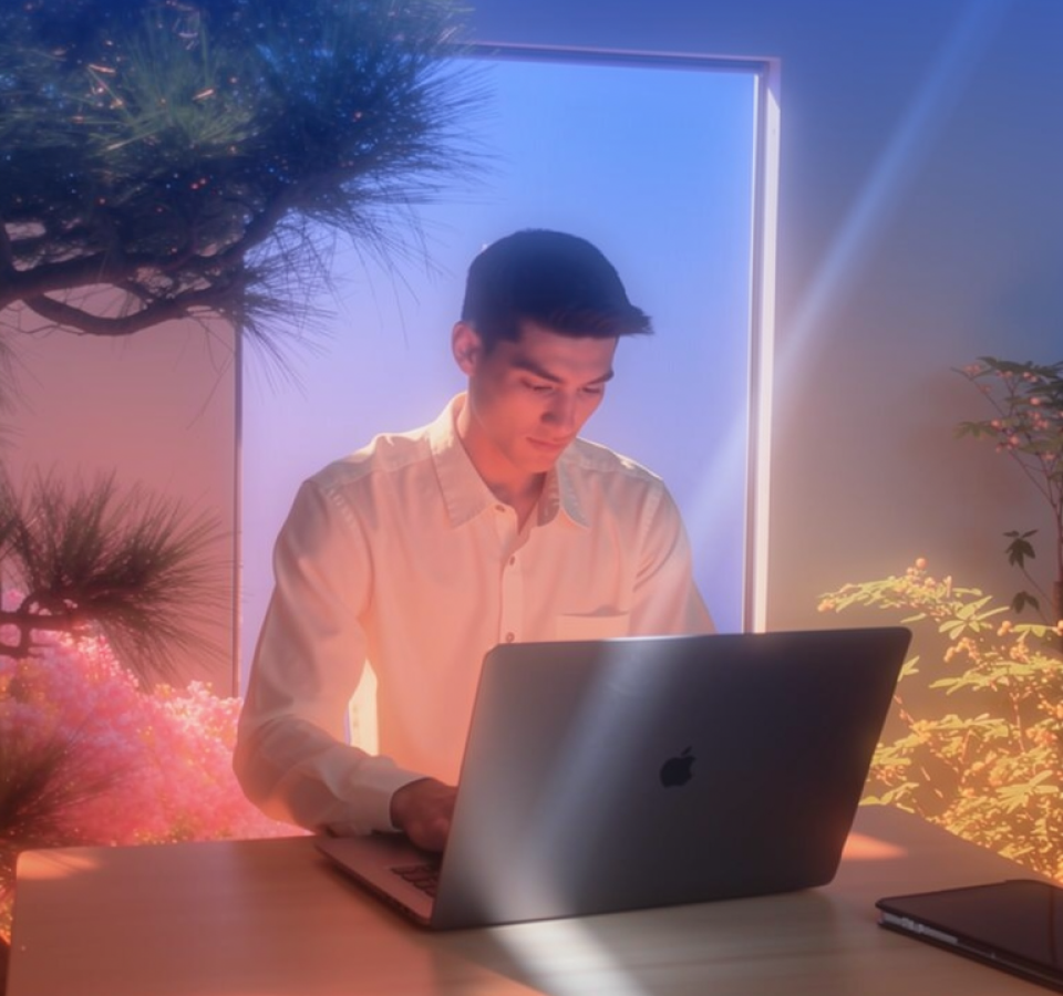 Person working on a laptop in a softly lit room with plants and pink-blue light.