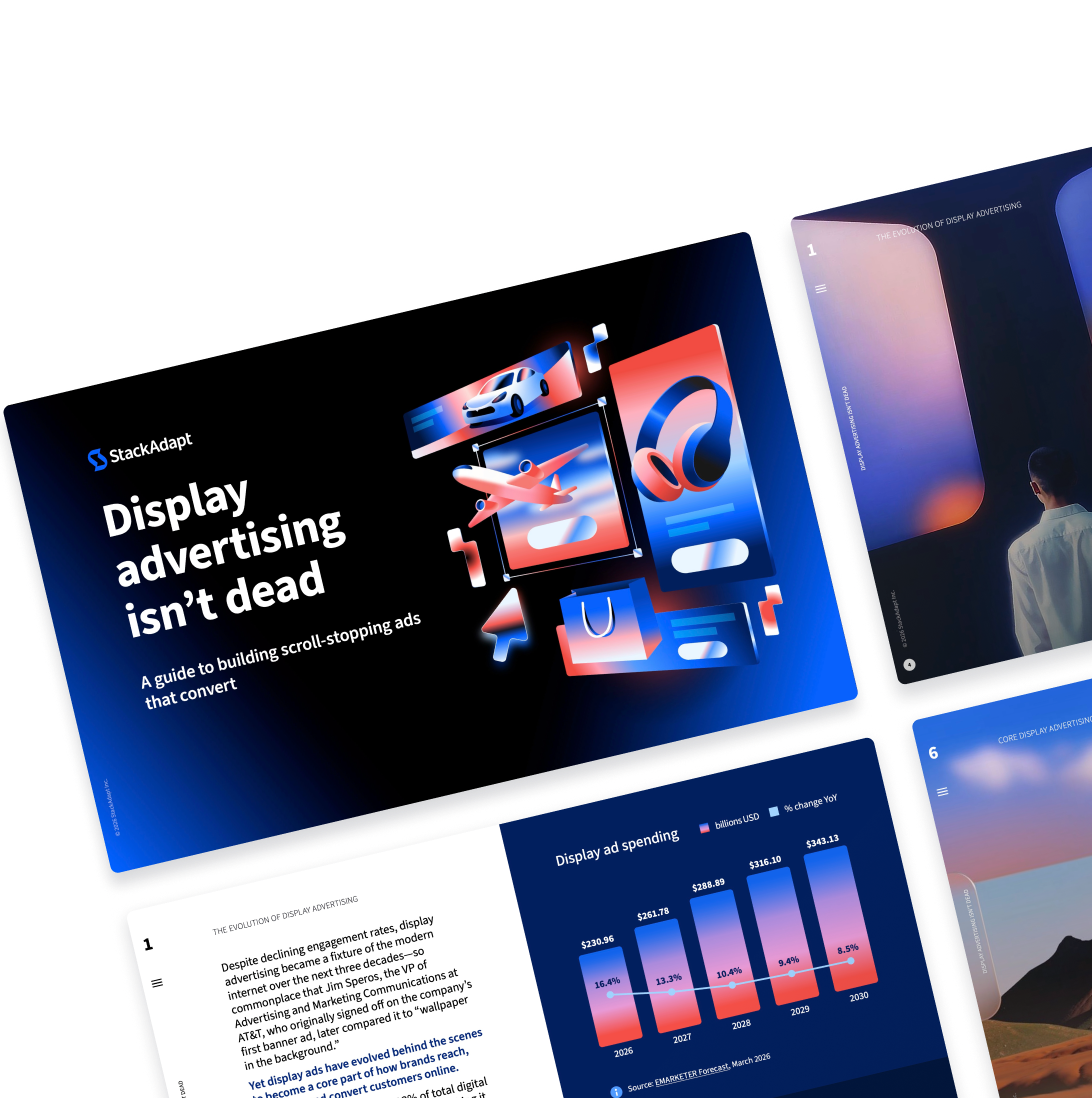 Angled mockups of StackAdapt’s display advertising guide, including the cover and interior pages with charts and campaign visuals.