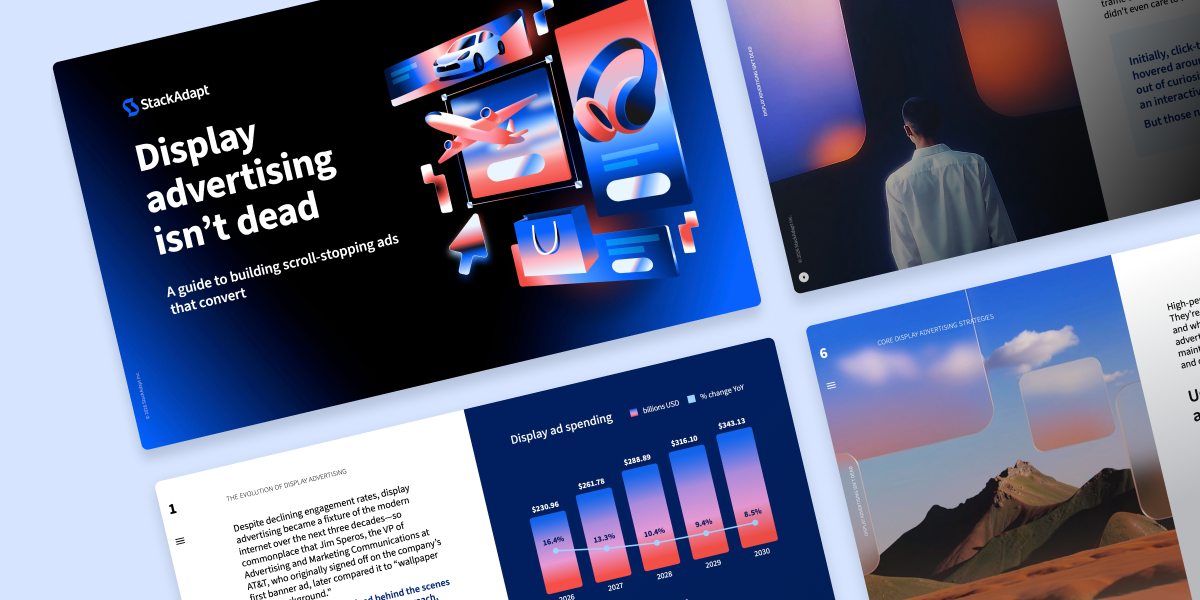 StackAdapt display advertising guide mockups arranged on a light blue background.