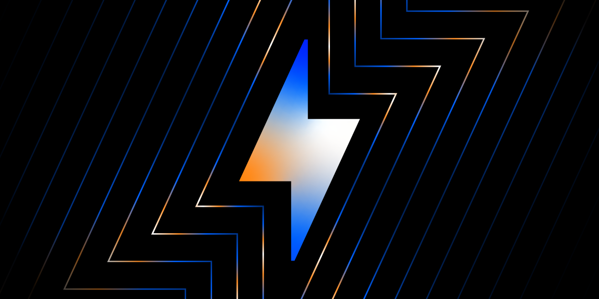 Abstract lightning bolt on a black background with blue and orange angled lines.