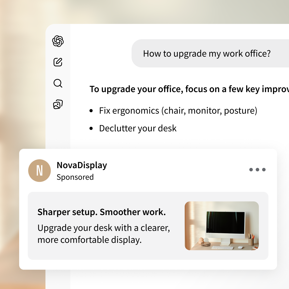 ChatGPT response about improving a workspace with a sponsored office equipment ad displayed below