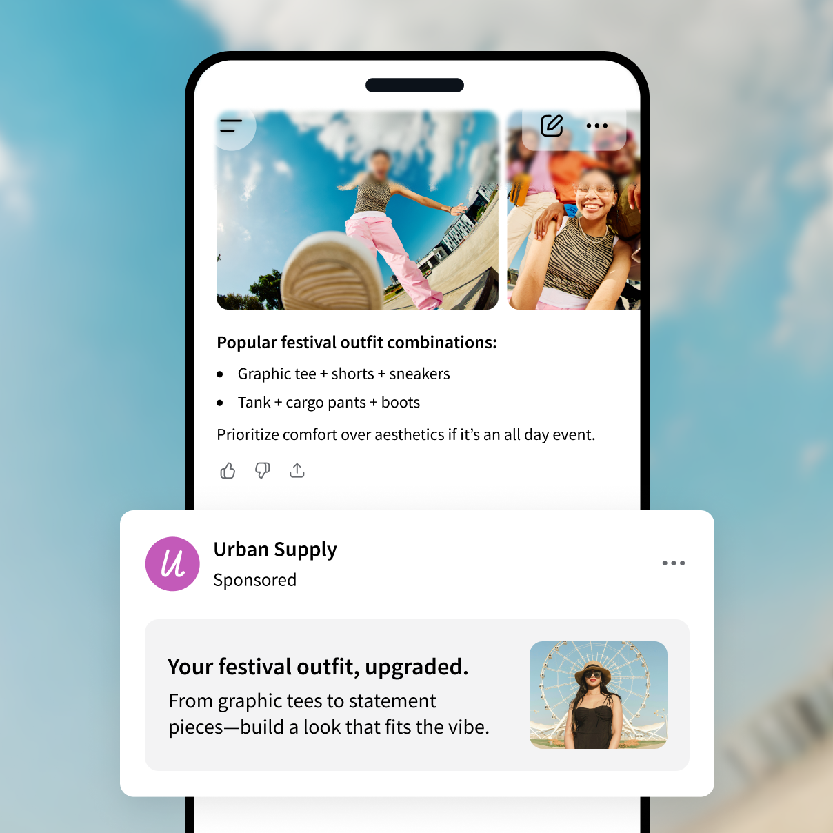 ChatGPT conversation about festival outfits with a sponsored fashion ad integrated into the response