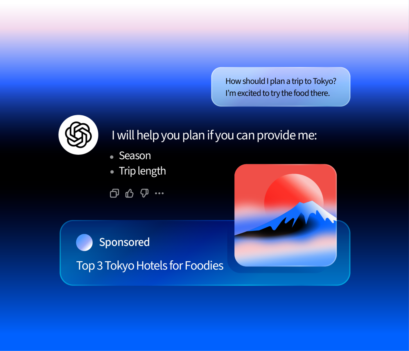ChatGPT conversation about planning a trip to Tokyo with a sponsored travel ad displayed below the response