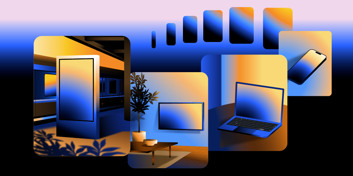 Digital ads appearing across a store display, living room screen, laptop, and smartphone, representing cross-channel attribution.