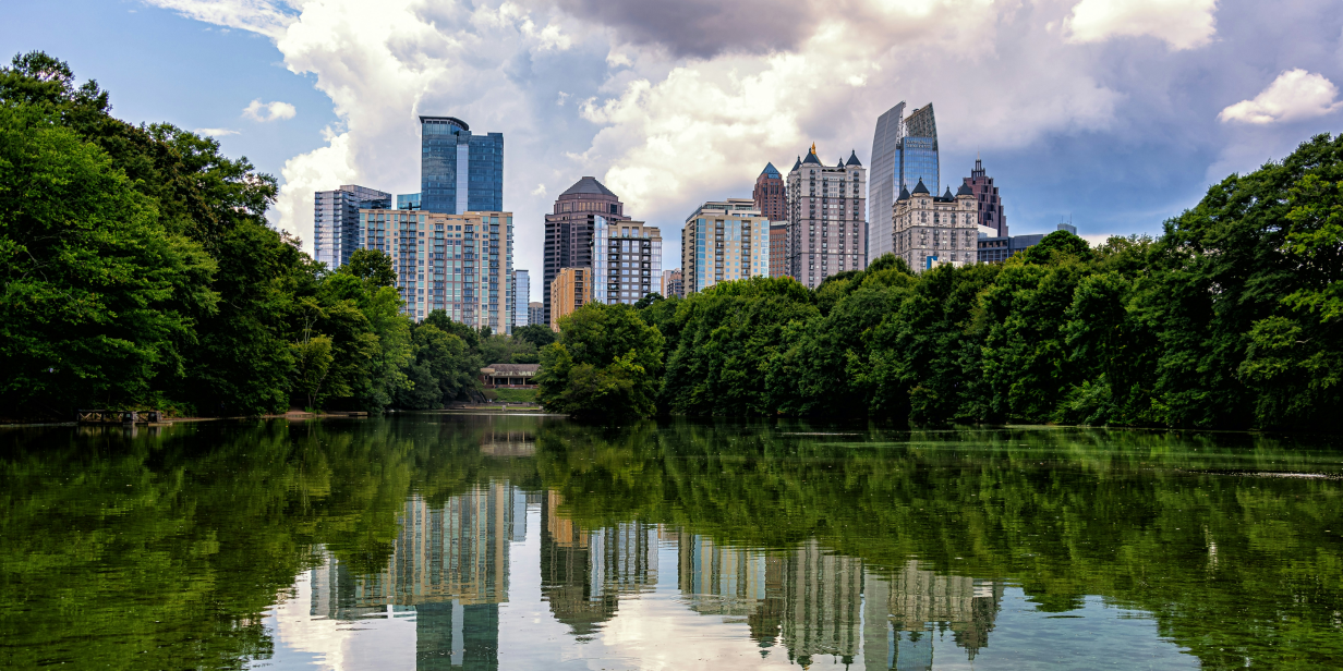 Atlanta city skyline and pond