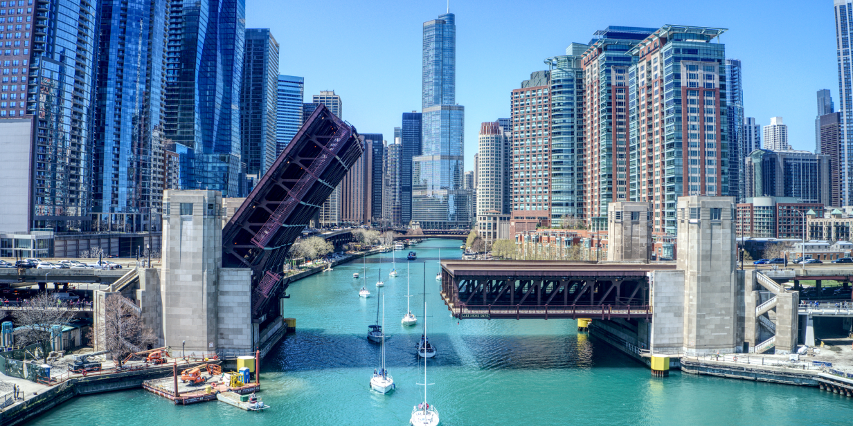 Chicago River with open bascule drawbridge.