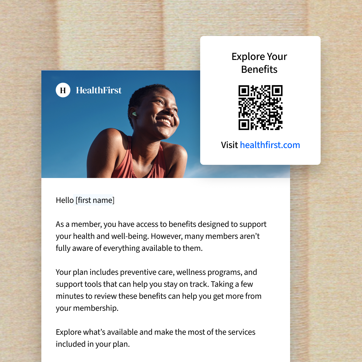Programmatic direct mail promotional letter example with branded letterhead and QR code.
