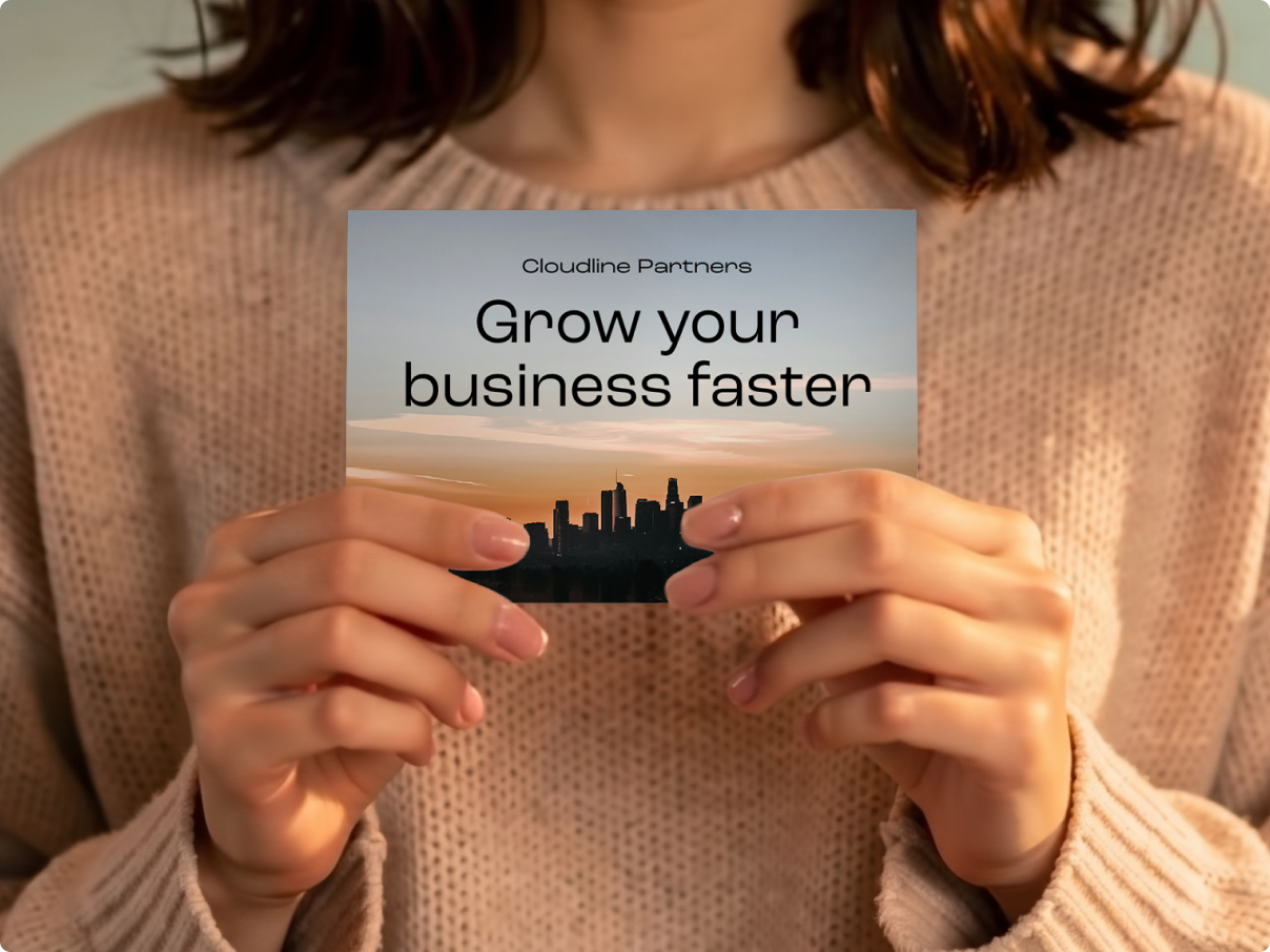 An overlay of CRM platform logos on an image of a woman holding up a programmatic direct mail postcard in both hands.
