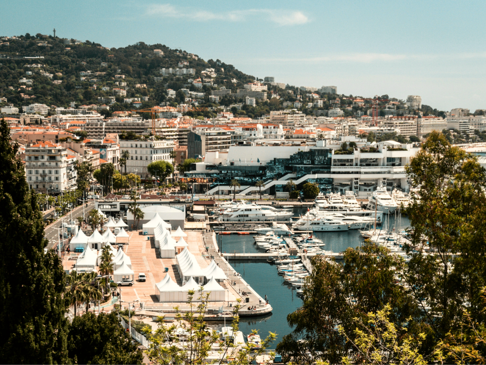 Cannes waterfront aerial view during evening