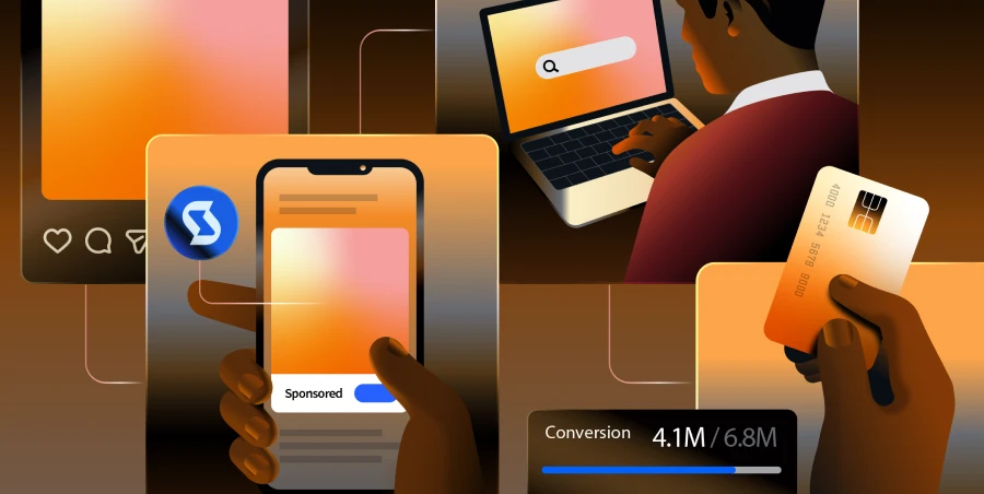 Sponsored mobile ad, social post, search screen, and payment card layered in an abstract digital marketing interface representing cross-channel attribution.