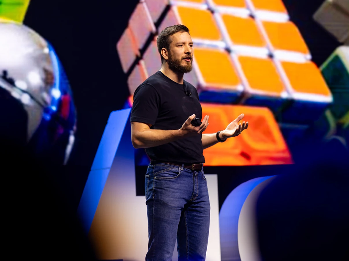 Vitaly Pecherskiy, Co-Founder and CEO of StackAdapt, delivering a keynote presentation on stage at Conversion 2026.
