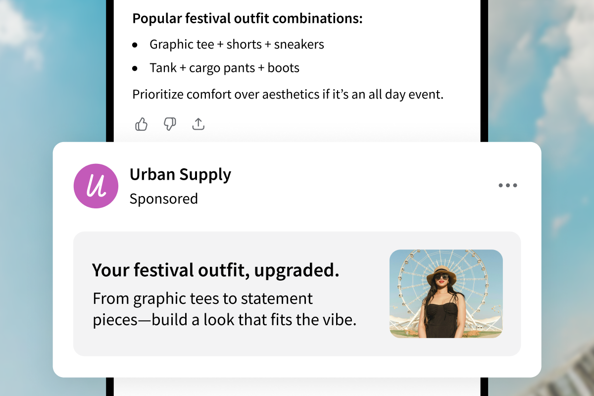 ChatGPT ads example below a festival outfit response, featuring a sponsored Urban Supply placement with a festival fashion image.