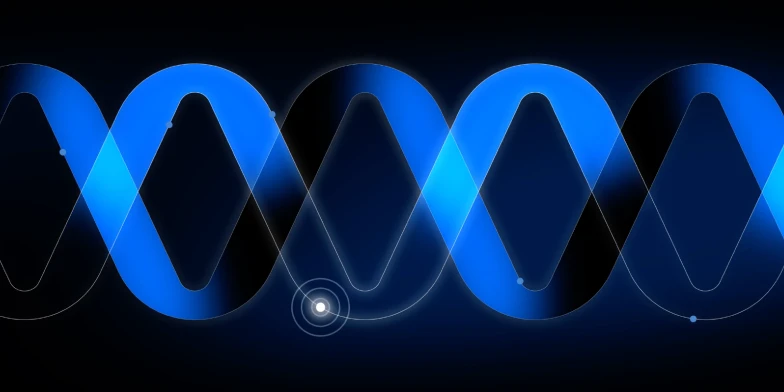 Stylized blue interconnected wave graphic symbolizing AI-powered connections and data flow.