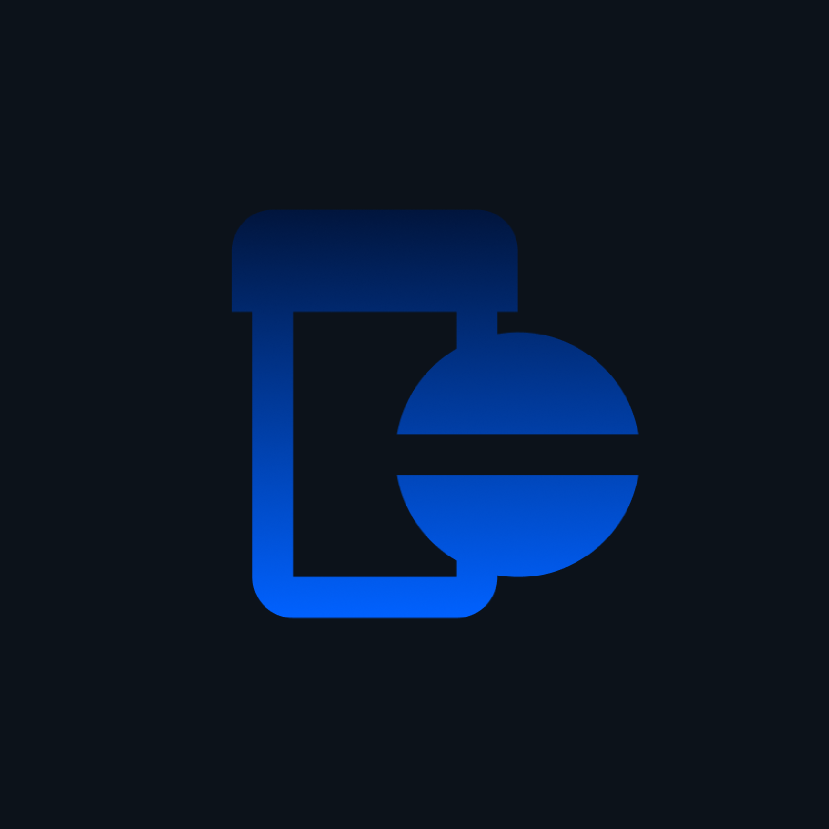Blue pharmaceutical icon on a dark background.
