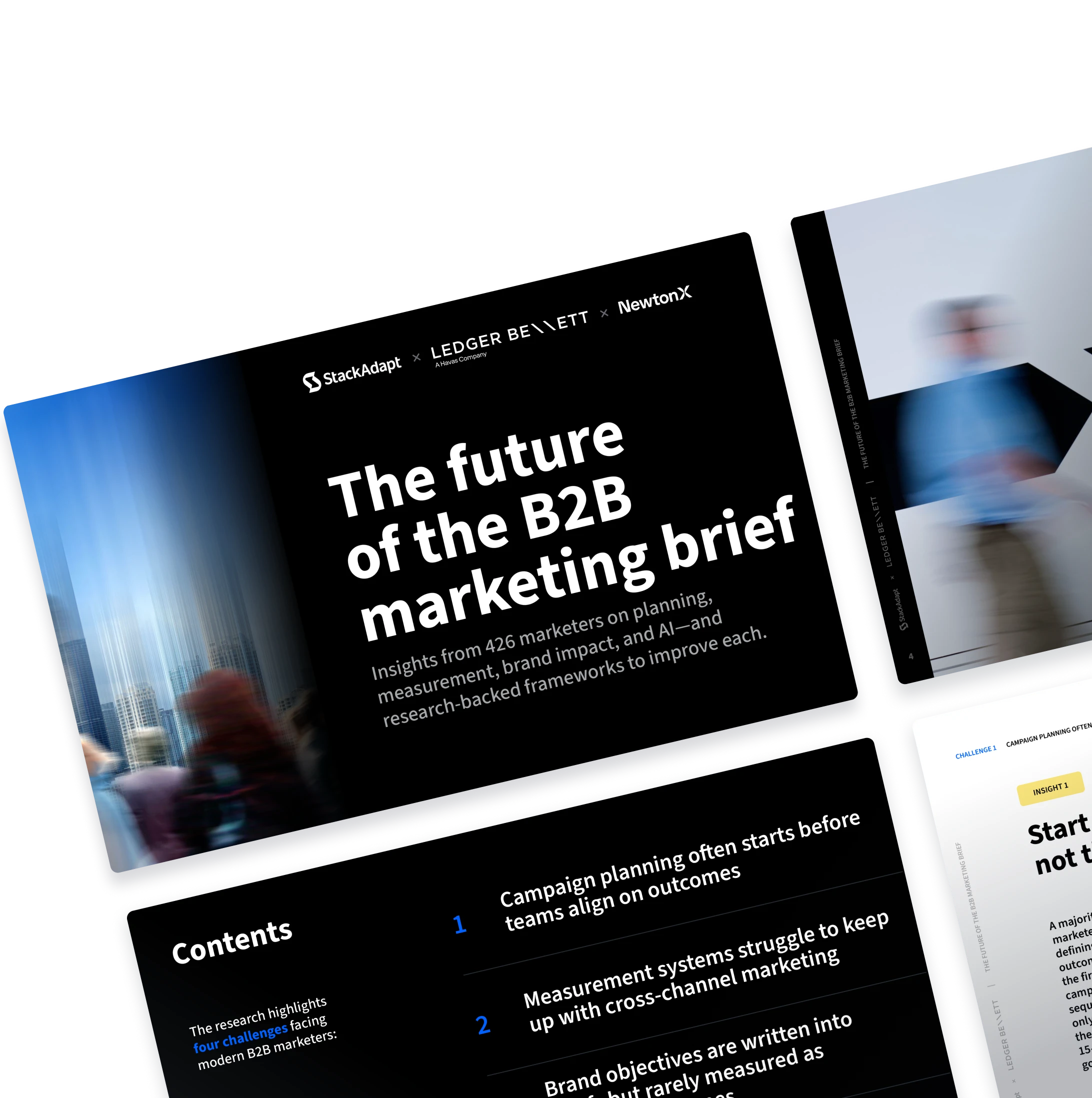B2B marketing brief report pages arranged in a layered mockup.