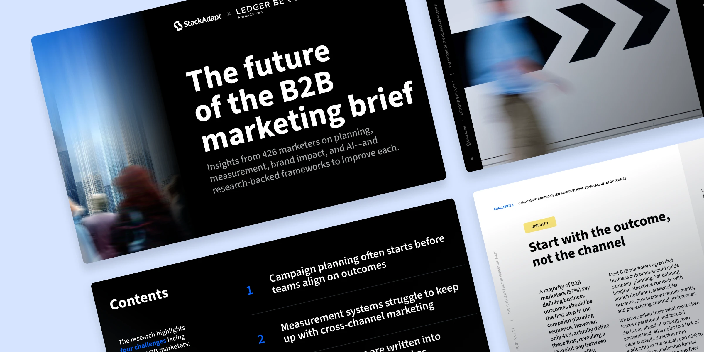 B2B marketing brief report mockups showing the cover, contents, and campaign planning section.